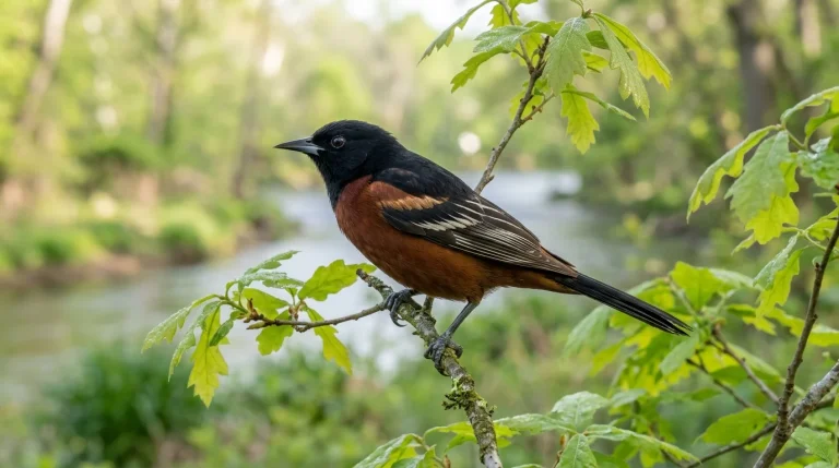 Adult male Orchard Oriole perched on a leafy branch in spring.