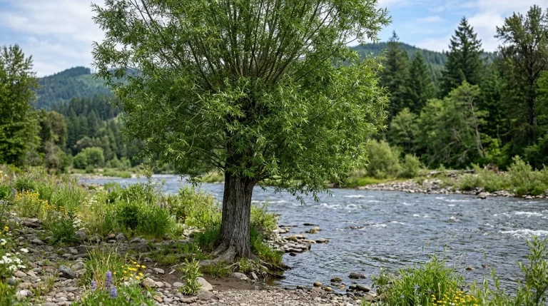 Mature Pacific willow with an irregular spreading crown beside a gravelly riverbank.