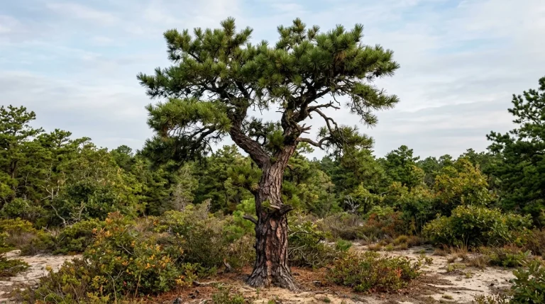 Mature pitch pine with an irregular crown growing on sandy ground in pine barrens.