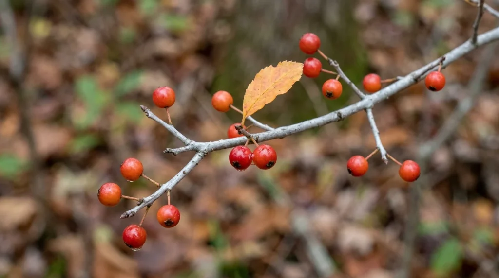 Small red possumhaw drupes on short stalks along a slender autumn twig.
