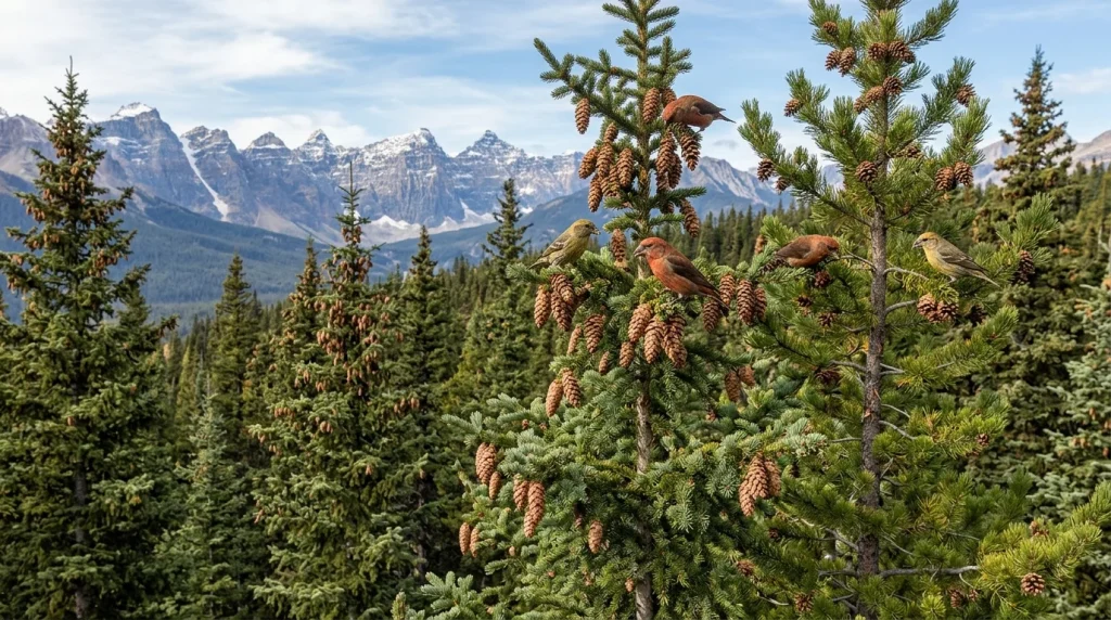 Cone-rich montane conifer forest used by Red Crossbills.