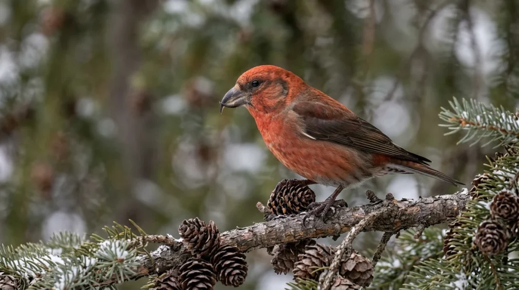 Male Red Crossbill perched beside spruce cones with its crossed bill visible.