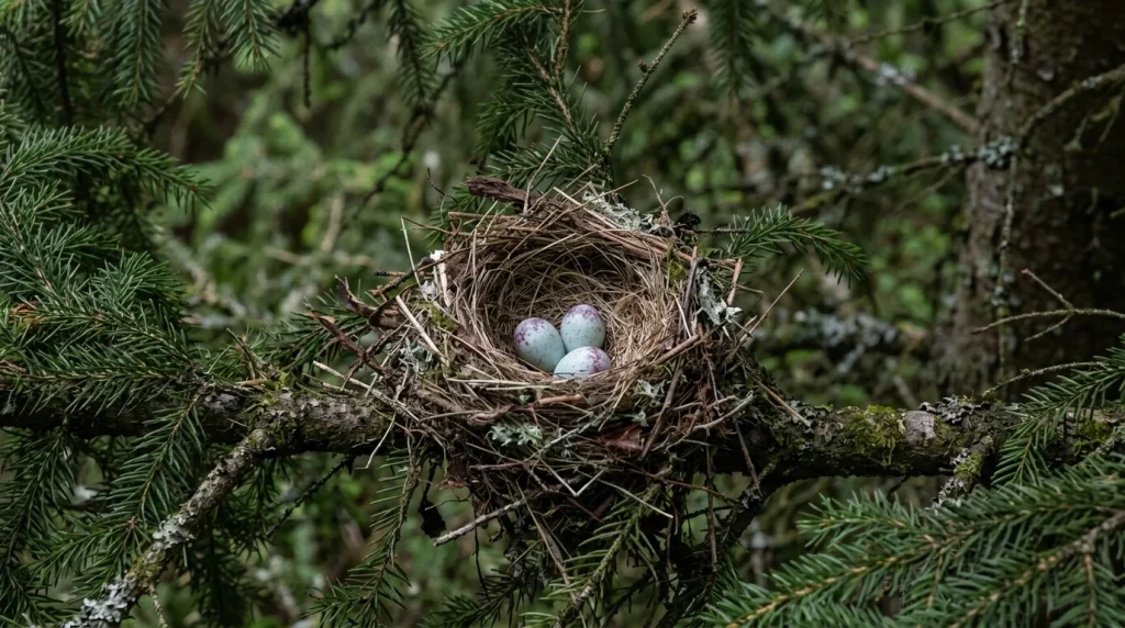 Red Crossbill cup nest with three lightly marked eggs on a conifer branch.