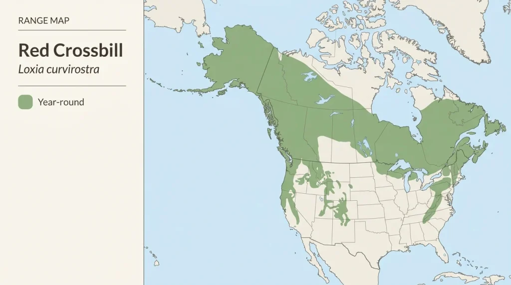 Map of regular and irruptive Red Crossbill distribution in North America.