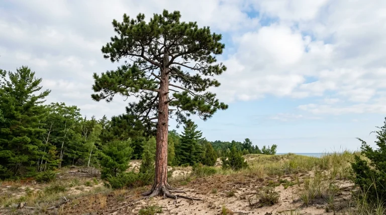Mature red pine with a straight reddish trunk and rounded evergreen crown.