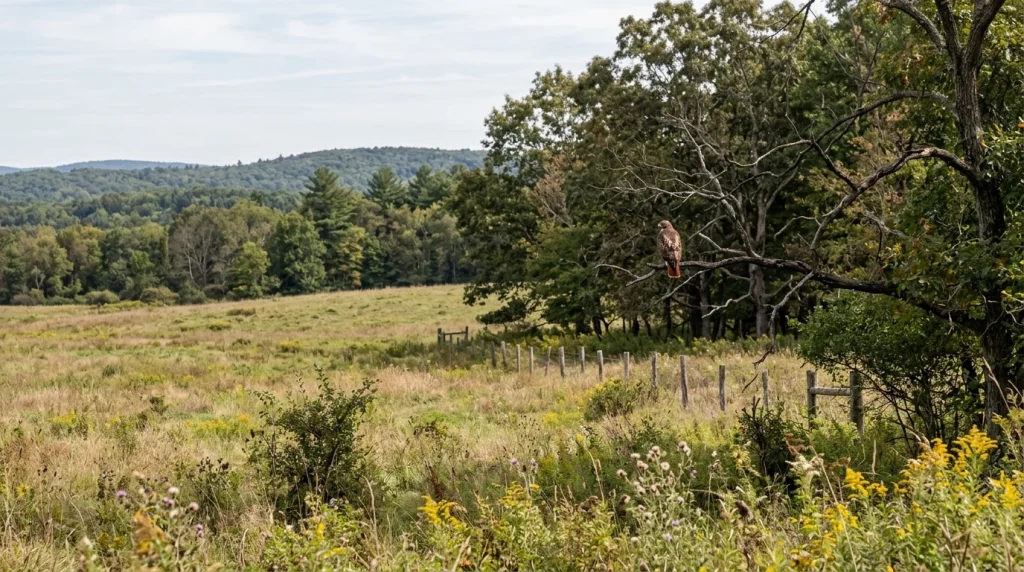 Open pasture and scattered trees providing hunting habitat and perches for a Red-tailed Hawk.