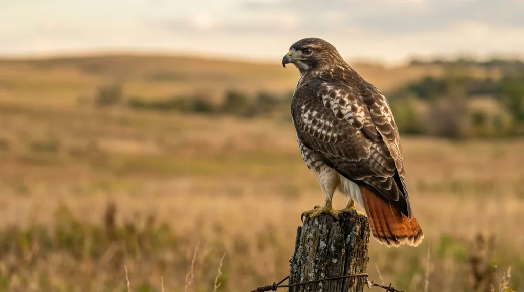 Adult Red-tailed Hawk perched on a fence post with its rusty upper tail visible.