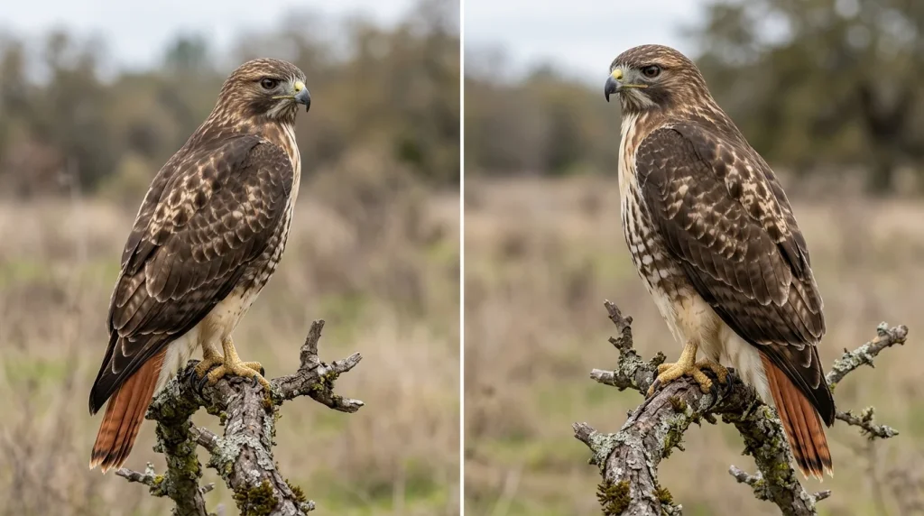 Male and female Red-tailed Hawks with similar plumage and a modest average size difference.