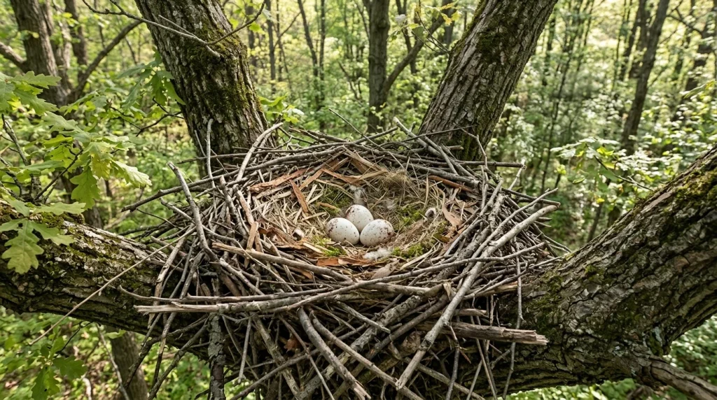 Reconstructed Red-tailed Hawk stick nest with three whitish, brown-marked eggs.