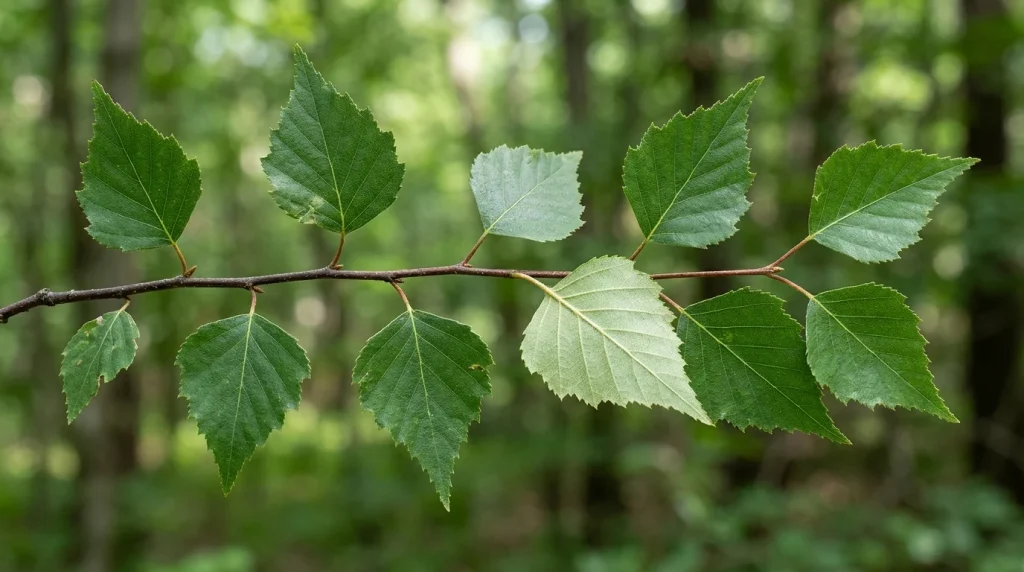 River birch leaves showing double-toothed edges, alternate attachment, and a pale underside.