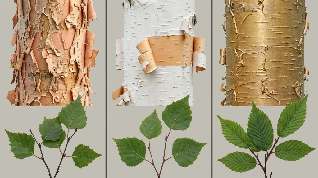 Comparison of river, paper, and yellow birch showing differences in peeling bark and leaf shape.
