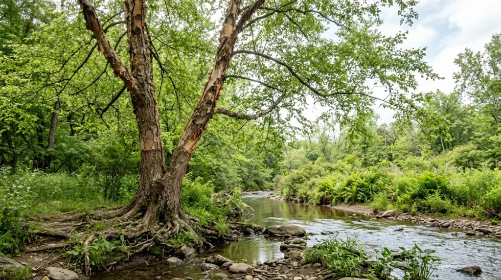 Mature river birch with a spreading green crown and peeling trunks beside a stream.