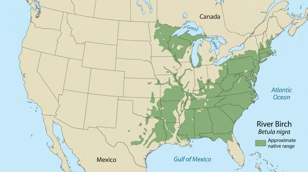Map of river birch’s approximate native range in the eastern and central United States.