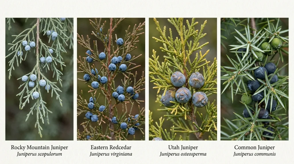 Comparison of Rocky Mountain juniper, eastern redcedar, Utah juniper, and common juniper foliage and cones.