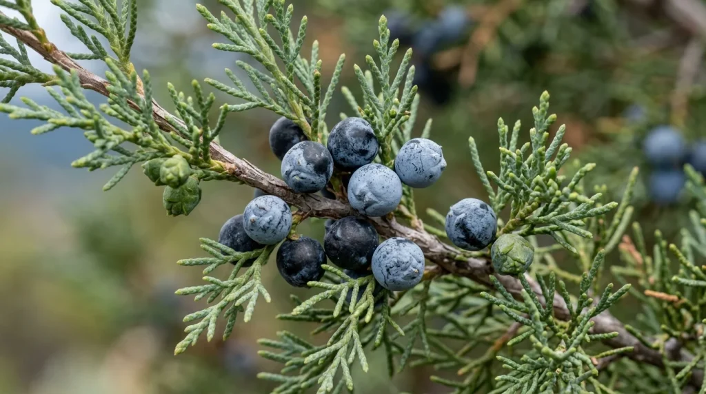 Waxy blue mature seed cones and green developing cones on Rocky Mountain juniper foliage.
