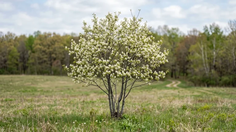 Downy serviceberry flowering in an open clearing, with its entire airy crown and trunks visible.