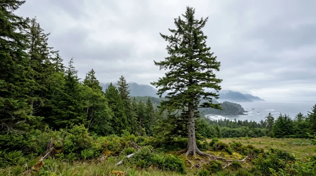 Mature Sitka spruce with its full trunk and tall evergreen crown at a coastal forest edge.