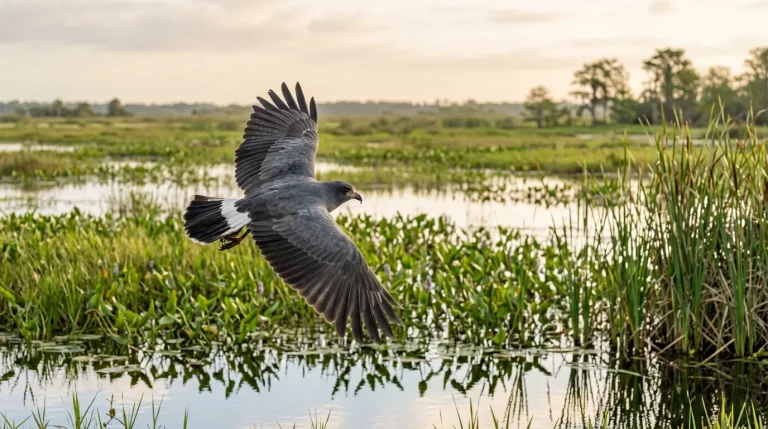 Adult male Snail Kite flying low over a Florida marsh with its white tail base visible.