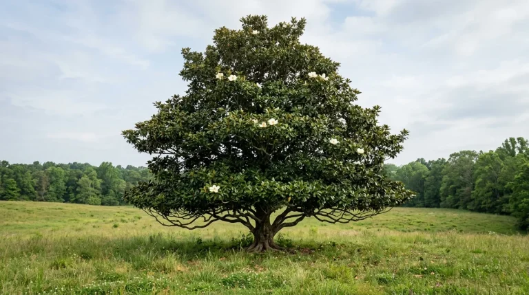 Mature southern magnolia standing in an open clearing with its full evergreen crown visible.