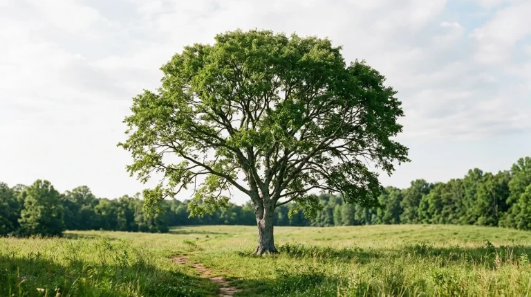 Mature sugarberry standing in an open clearing with its broad crown fully visible.