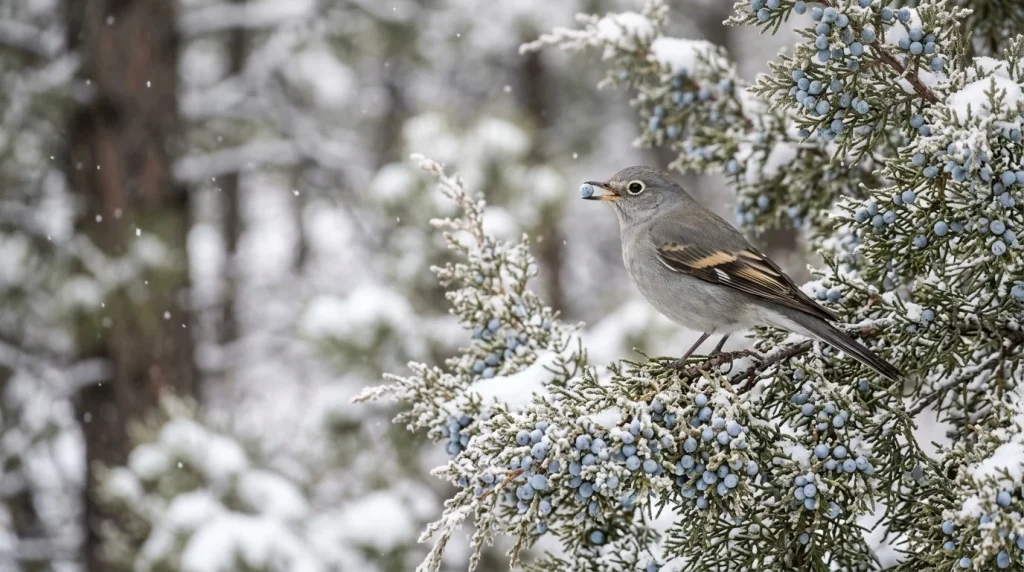 Townsend’s Solitaire eating a juniper fruit in winter.