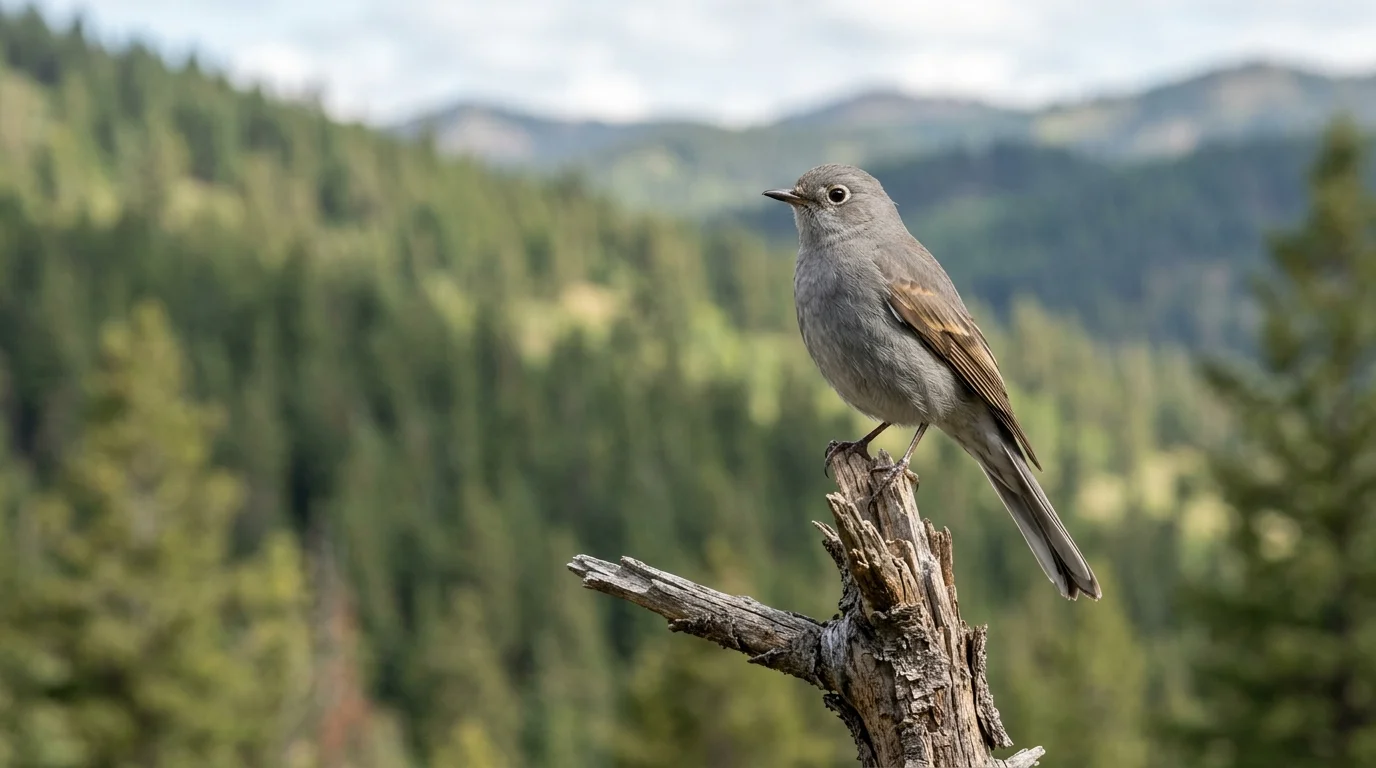 Townsend’s Solitaire perched on a conifer snag in a western mountain forest.
