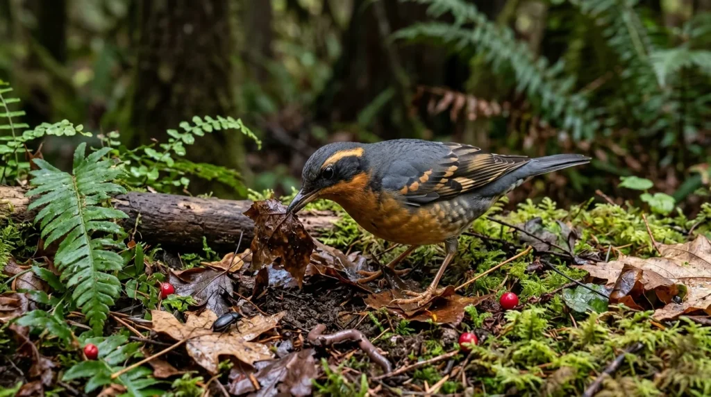 Varied Thrush foraging among leaf litter, berries, and small invertebrates.