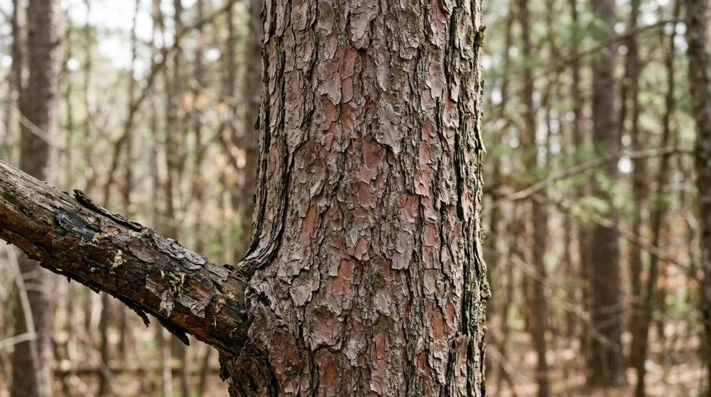 Virginia pine bark with reddish-gray scaly plates and shallow furrows.