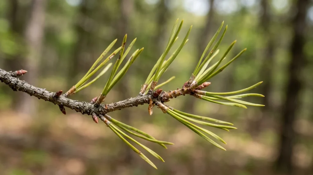 Virginia pine twig showing short twisted needles in bundles of two.