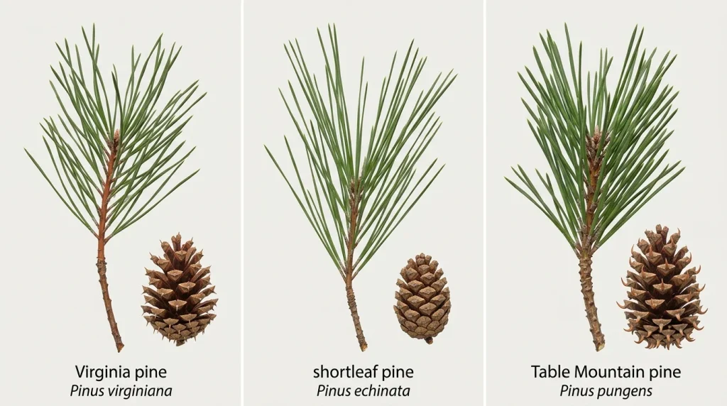 Comparison of Virginia pine, shortleaf pine, and Table Mountain pine needles and cones.