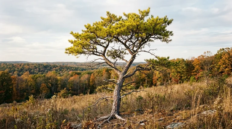Mature Virginia pine with an irregular crown and persistent dead lower branches at a field edge.