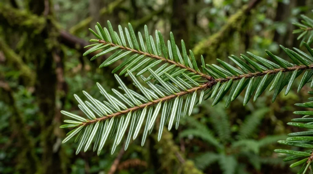 Western hemlock needles of unequal lengths with pale bands visible underneath.