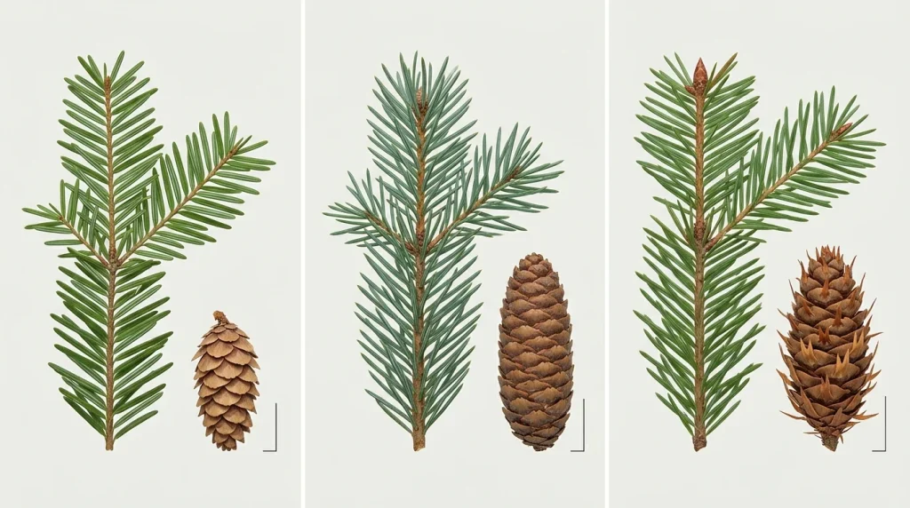 Labeled comparison of western hemlock, mountain hemlock, and Douglas-fir needles and cones.