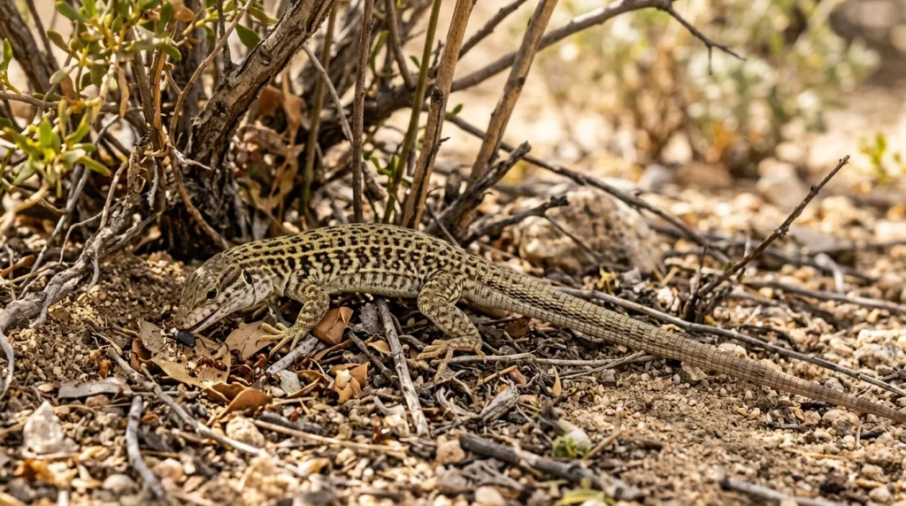 Western whiptail searching desert leaf litter for beetles and ants.