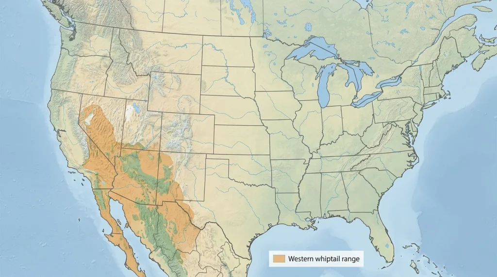 Map showing the western whiptail's range in the western United States and northern and western Mexico.