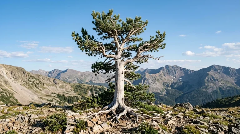 Mature whitebark pine with a pale trunk and irregular crown on a rocky mountain slope.