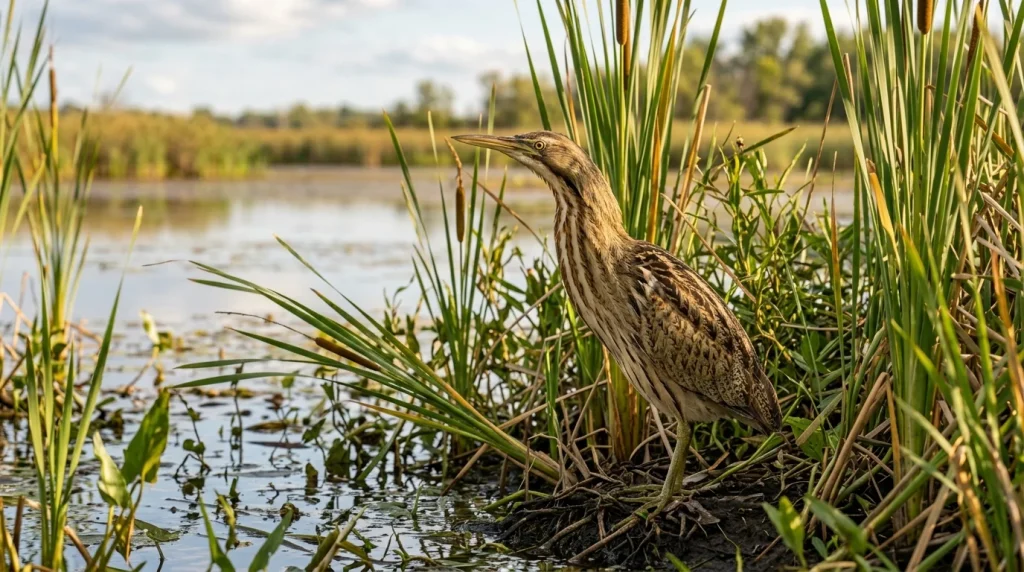 An American Bittern standing near cattails at the edge of a wetland marsh.