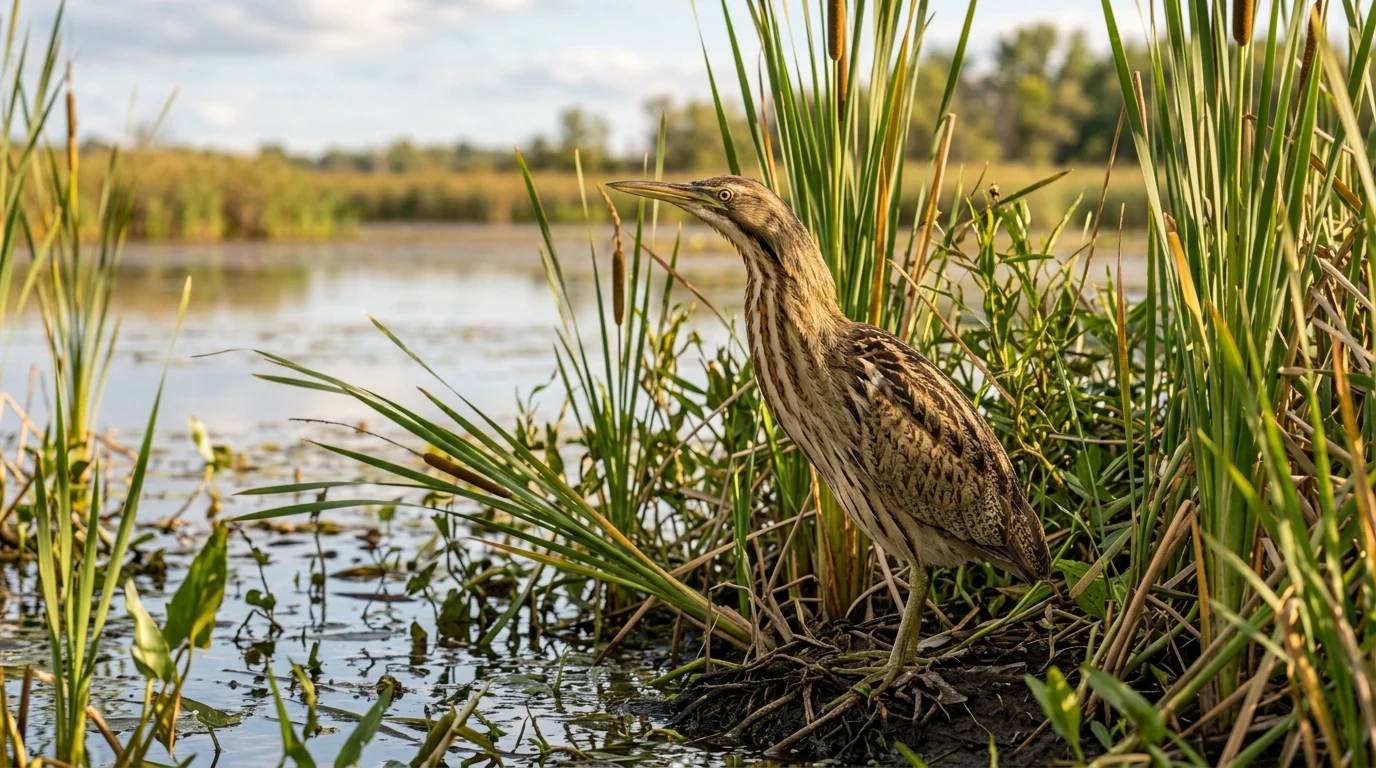 An American Bittern standing near cattails at the edge of a wetland marsh.