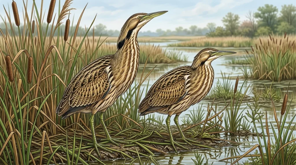 Side-by-side comparison of a male and female American Bittern with clear text labels.