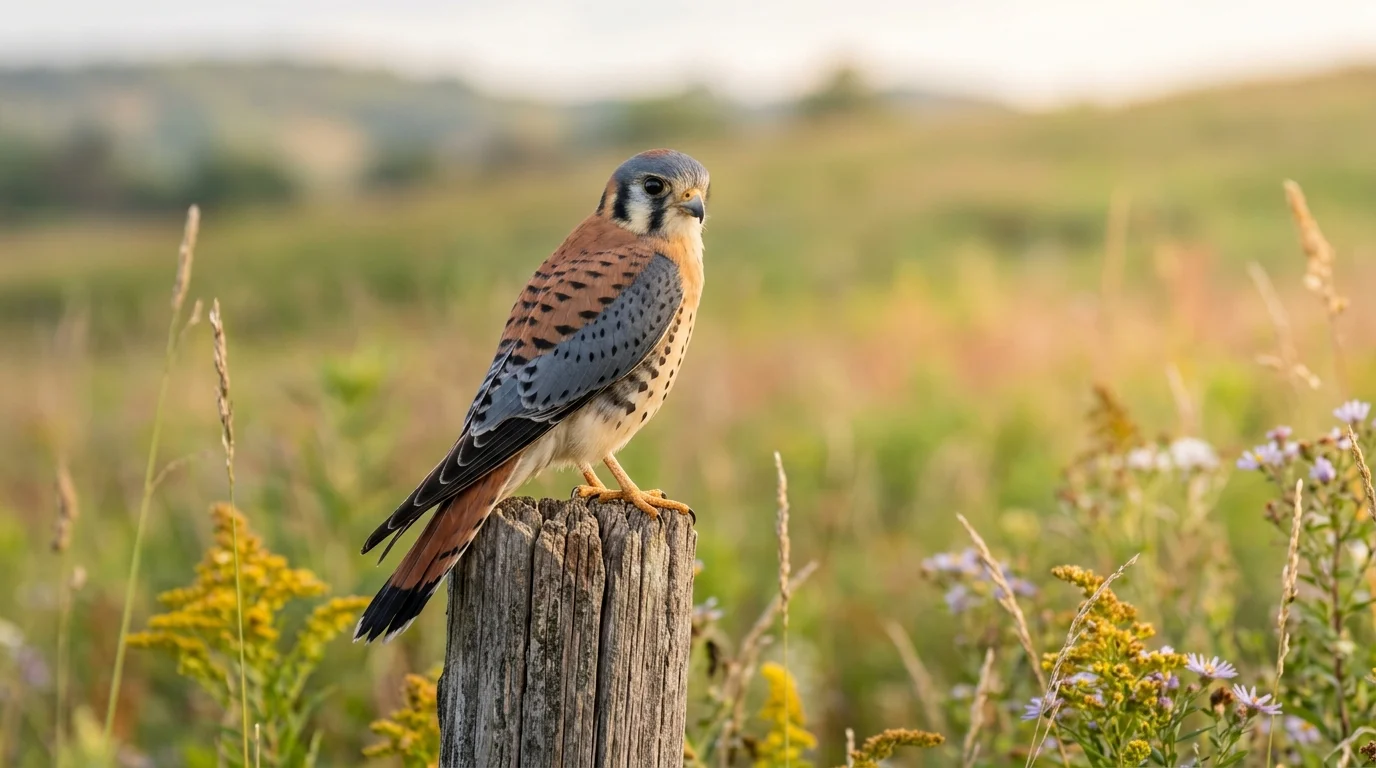 Male American Kestrel showing blue-gray wings and dark facial markings on a meadow fence post.