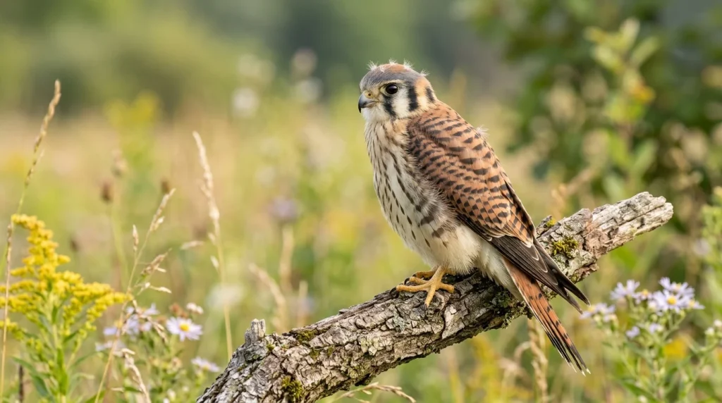 Recently fledged female American Kestrel with barred rusty wings and traces of down.