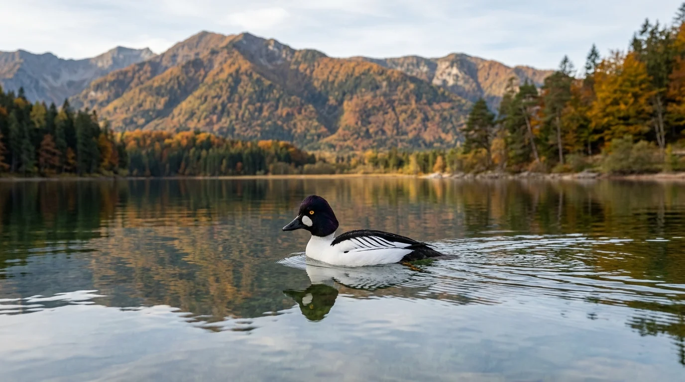 An adult male Barrow's Goldeneye swimming on a calm blue lake with autumn mountain reflections.