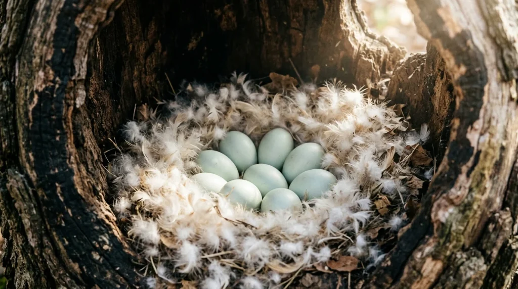 A tree cavity nest lined with soft white down containing pale blue-green Barrow's Goldeneye eggs.