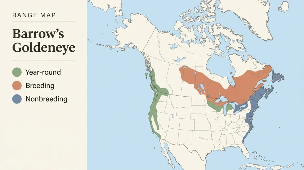 A color-coded geographic range map showing the summer, winter, and year-round distribution of Barrow's Goldeneye in North America.