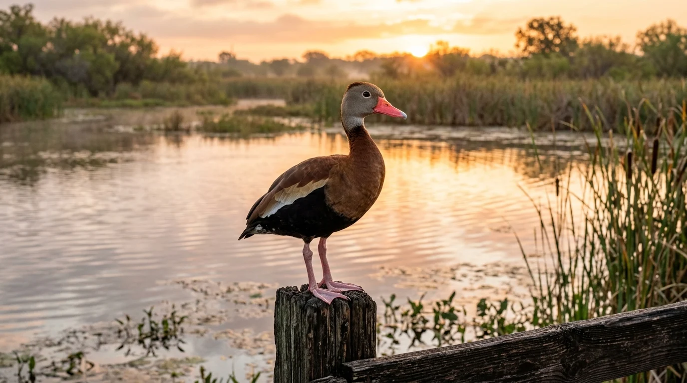 Black-bellied Whistling-Duck perched on a wooden fence post near a wetland at sunrise.