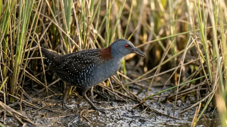 An adult Black Rail standing at the edge of dense salt marsh vegetation.