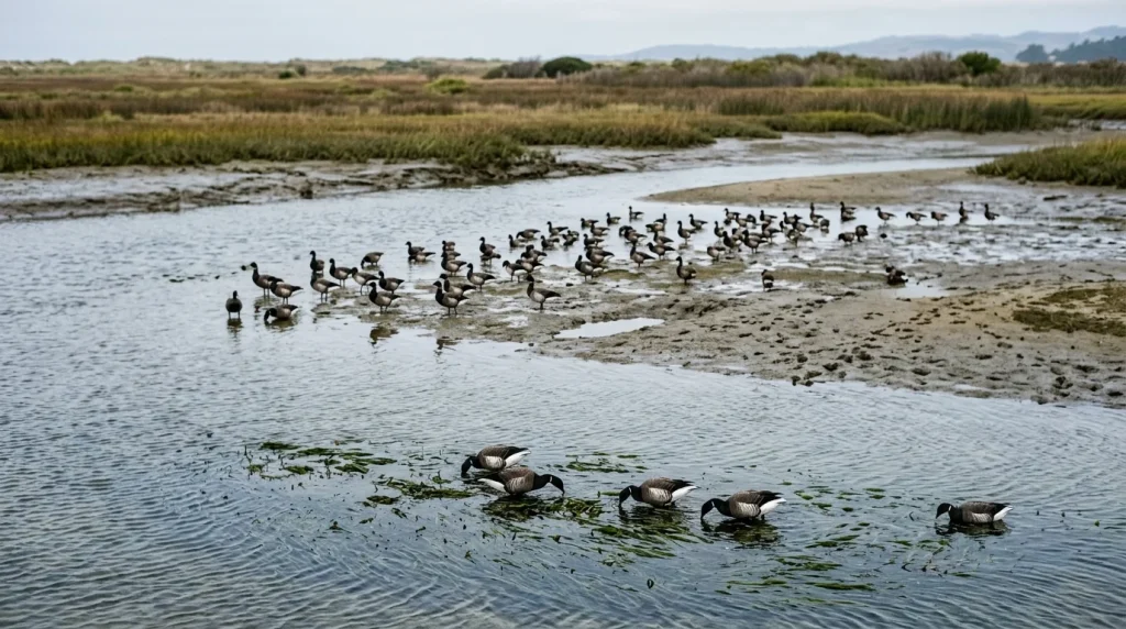 Pacific Brant feeding and resting among eelgrass beds and tidal flats in a sheltered estuary.