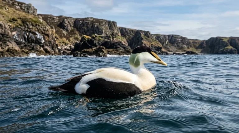 Adult male Common Eider floating on blue ocean water near a rocky shore.