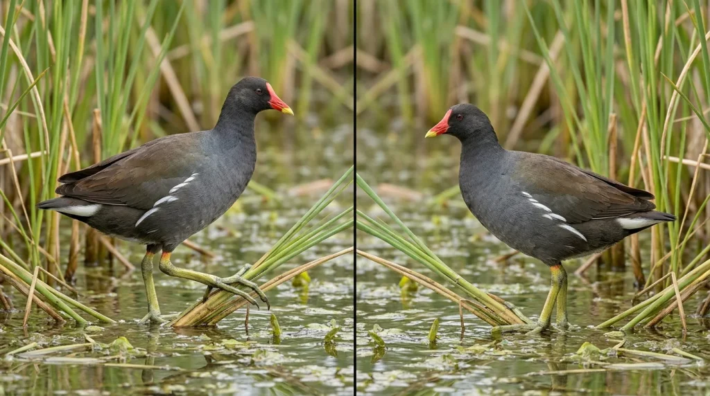 Male and female Common Gallinules with matching plumage, labeled to show their close resemblance.