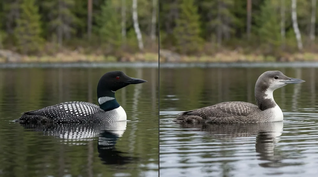 Common Loon in bold breeding plumage beside a gray-brown nonbreeding adult.